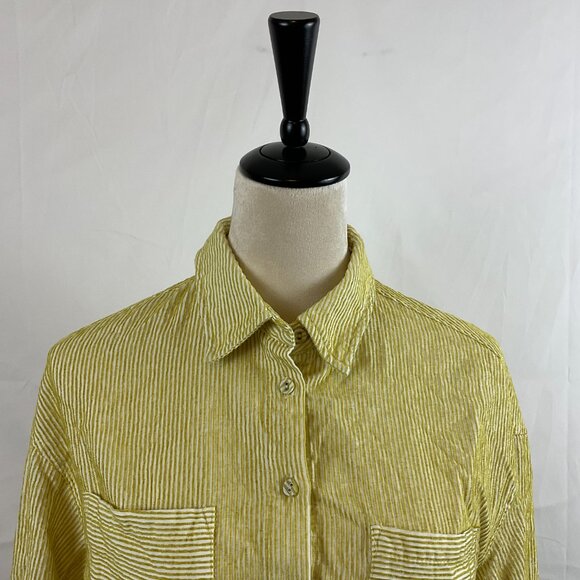 FRNCH Top S Chartreuse White Textured Stripe Cropped Button Front Long Sleeve - Picture 2 of 11